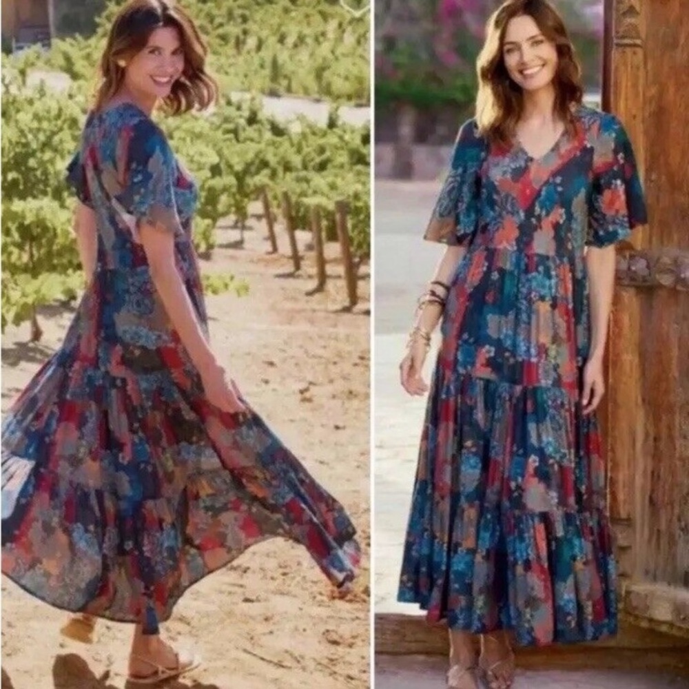 Soft Surroundings Dress Womens Large Tiered Patchwork Boho Romantic Mirabelle